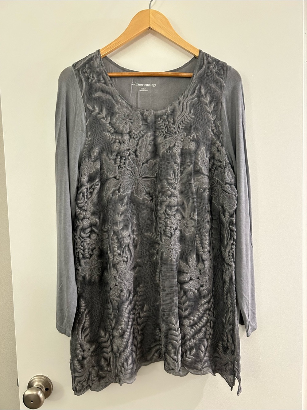 Soft Surroundings Gray Lacey Floral Embossed Tunic